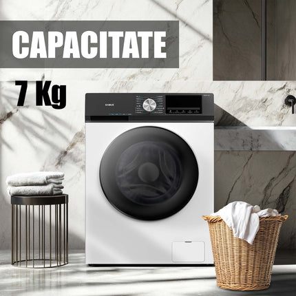 MASINA DE SPALAT RUFE SAMUS WSEDI7148, 7 KG, MOTOR INVERTER, DISPLAY LED, 16 PROGRAME, 1400 ROTATII, CLASA ENERGETICA A – 10%, REINCARCARE CU RUFE IN TIMPUL SPALARII, ALB Samus