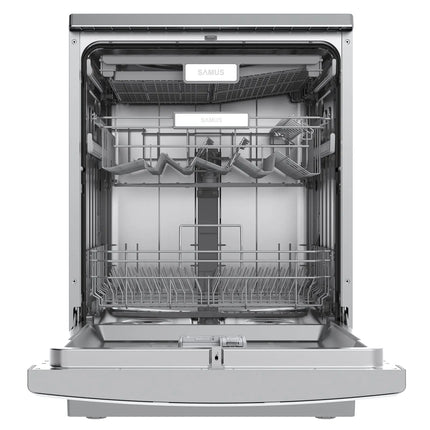 MAȘINĂ DE SPĂLAT VASE SAMUS SDX614.8, 14 SETURI, LĂȚIME 60 CM, 8 PROGRAME, CLASĂ ENERGETICĂ E, AFIȘAJ ELECTRONIC, PORNIRE ÎNTÂRZIATĂ, SERTAR PENTRU TACÂMURI, INOX / ARGINTIU Samus