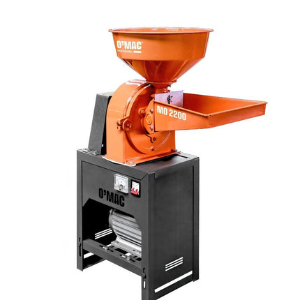 Moara electrica O-Mac MO 2200, 2200 W, 220 V, 3 site, 2 cuve, 150 kg/h, 4500 RPM, cereale, faina, malai, porumb,Negru-Portocaliu O-MAC