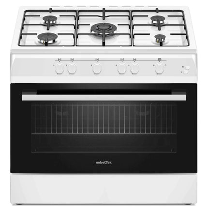 Aragaz Nobeltek NLT 6903A/G1, plita gaz cu 5 ochiuri, cuptor gaz, aprindere electrica, grill, iluminare cuptor, echipat cu diuze GN, diuze GPL de schimb, Alb