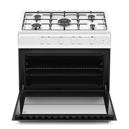 Aragaz Nobeltek NLT 6903A/G1, plita gaz cu 5 ochiuri, cuptor gaz, aprindere electrica, grill, iluminare cuptor, echipat cu diuze GN, diuze GPL de schimb, Alb