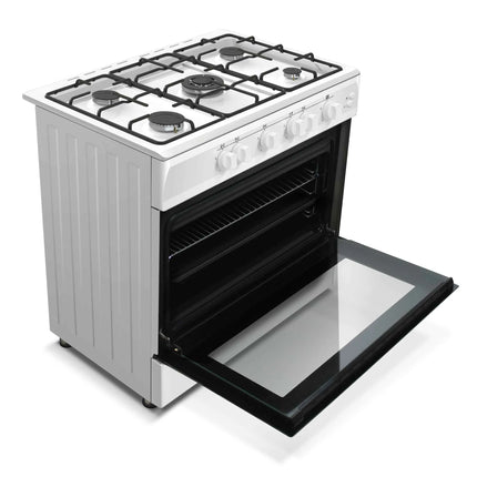 Aragaz Nobeltek NLT 6903A/G1, plita gaz cu 5 ochiuri, cuptor gaz, aprindere electrica, grill, iluminare cuptor, echipat cu diuze GN, diuze GPL de schimb, Alb