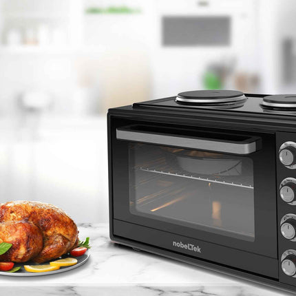 Cuptor electric NobeLTek NLT FSOHP60BK, 60L, 2000W, plite electrice 1500w + 1000w, grill, timer, termostat, sticla dubla, ventilator, iluminare, Negru