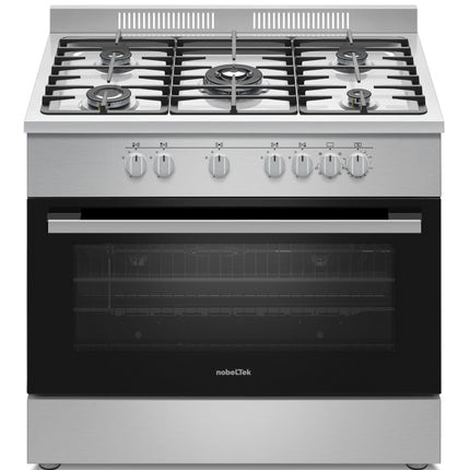 Aragaz semi-profesional Nobeltek NLT SP6904IX/FE1, plita gaz cu 5 ochiuri(arzator mare triplu), cuptor electric (110l), aprindere electrica, grill, iluminare cuptor, rotisor, gratare fonta, Inox