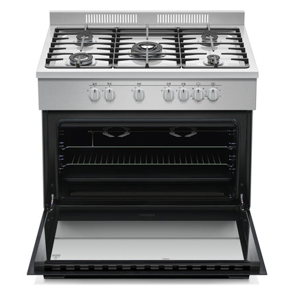 Aragaz semi-profesional Nobeltek NLT SP6904IX/FE1, plita gaz cu 5 ochiuri(arzator mare triplu), cuptor electric (110l), aprindere electrica, grill, iluminare cuptor, rotisor, gratare fonta, Inox