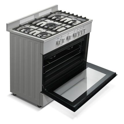 Aragaz semi-profesional Nobeltek NLT SP6904IX/FE1, plita gaz cu 5 ochiuri(arzator mare triplu), cuptor electric (110l), aprindere electrica, grill, iluminare cuptor, rotisor, gratare fonta, Inox