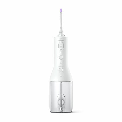 Irigator bucal PHILIPS Sonicare Cordless Power Flosser 3000 HX3826/31, Tehnologie QuadStream, Portabil, 2 moduri de curatare, 3 niveluri de intensitate , 2 x capete de curatare si 1 x husa trasport, Alb, L x A x I (mm) 92x134x247