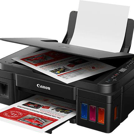 Multifunctional inkjet color CISS Canon G3410, dimensiune A4 (Printare, Copiere, Scanare), viteza 8,8ipm alb-negru, 5ipm color, rezolutie printare 4800x1200 dpi, imprimare fara margini, alimentare hartie 100 coli, scanner CIS rezolutie 600x1200 dpi, copiere multipla 21 copii, copiere fara margini