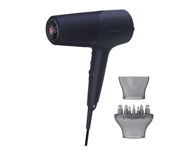 Uscator de par Philips BHD510/00, 2300W, tehnologie ThermoShield, ingrijire cu ioni, 2 setari de viteza, 3 setari de temperatura, difuzor, cap de coafare 11 mm, Albastru inchis metalizat