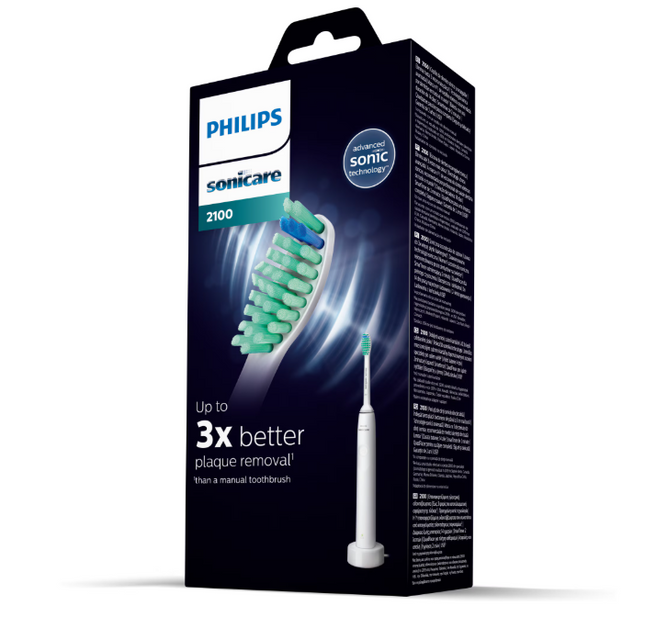 Periuta de dinti sonica electrica PHILIPS Sonicare Seria 2100 HX3651/13, 31000 miscari/minut, Cronometru Quadpacer si SmarTimer, Design ergonomic subÅ£ire, 1 capat de periere, Alb, L x A x I (mm) 109x63x220
