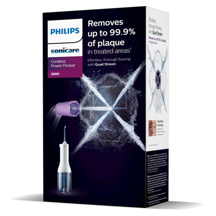 Irigator bucal PHILIPS Sonicare Cordless Power Flosser 3000 HX3826/31, Tehnologie QuadStream, Portabil, 2 moduri de curatare, 3 niveluri de intensitate , 2 x capete de curatare si 1 x husa trasport, Alb, L x A x I (mm) 92x134x247