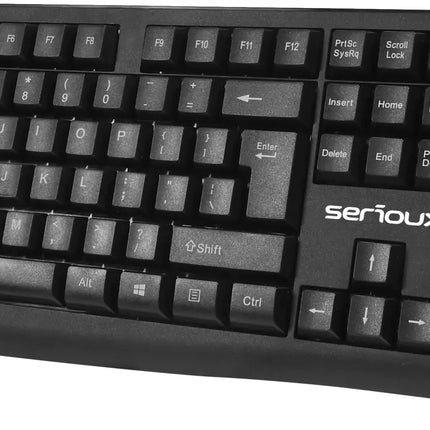 Kit Serioux cu fir, Tastatura: interfata USB, 104 taste, material ABS, US layout, lungime cablu 1.5m PVC, dimensiuni 440*159*25mm, negru, Mouse: interfata USB, 4 butoane, polling rate 125 Hz, rezolutie DPI 1000, lungime cablu 1.5m PVC, dimensiuni 109*61*37mm, negru