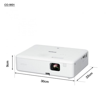 Proiector Epson CO-W01, 3LCD, 3.000 lumeni/ 2.000 Ecomode, WXGA, HD ready, 16:10, lampa 6.000 ore/ 12.000 ore Economy mode, corectie Â± 30, zoom 1- 1.35, dimensiune maxima imagine 378", distanta maxima de proiectie 10.4 m, HDMI 1.4, USB 2.0-A, USB 2.0 Type B (Service Only), Kensington lock, boxa 5W