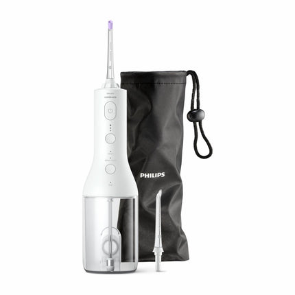 Irigator bucal PHILIPS Sonicare Cordless Power Flosser 3000 HX3826/31, Tehnologie QuadStream, Portabil, 2 moduri de curatare, 3 niveluri de intensitate , 2 x capete de curatare si 1 x husa trasport, Alb, L x A x I (mm) 92x134x247