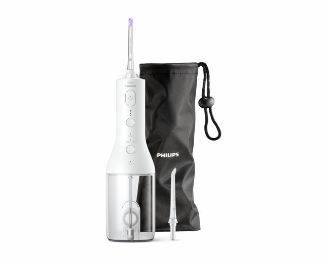 Irigator bucal PHILIPS Sonicare Cordless Power Flosser 3000 HX3826/31, Tehnologie QuadStream, Portabil, 2 moduri de curatare, 3 niveluri de intensitate , 2 x capete de curatare si 1 x husa trasport, Alb, L x A x I (mm) 92x134x247