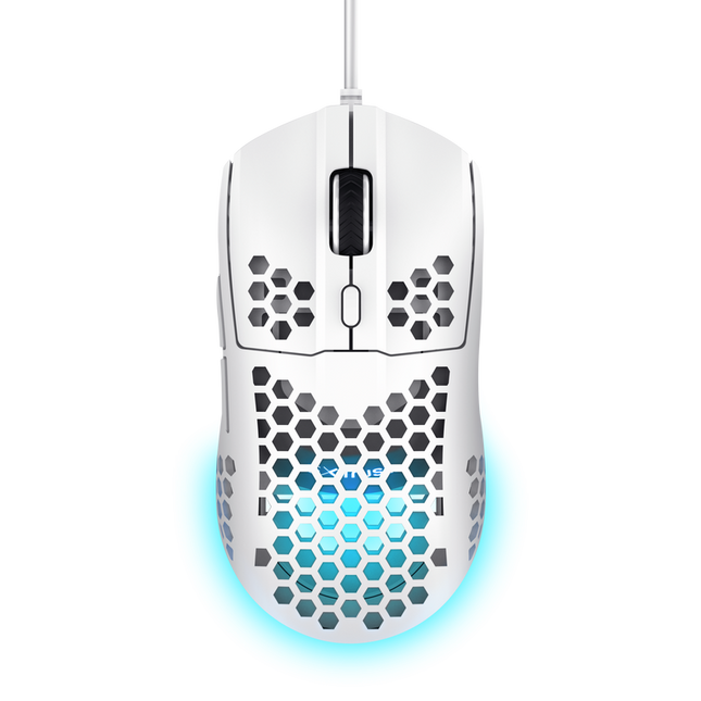 Mouse cu fir Trust GXT 928W Helox, rezolutie maxima 6400 DPI, 6 butoane, interfata USB-A, alb