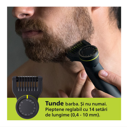 Aparat de ras (0,2mm) si tuns (0,4-10mm) PHILIPS OneBlade Pro QP6542/15, Fata&corp, pieptene cu 14 setari de lungime (0,4-10 mm), 2 accesorii pentru utilizare pe corp, 2 lame 360, 90 min (Li-ion), cablu de alimentare USB-A, fara adaptor pentru priza