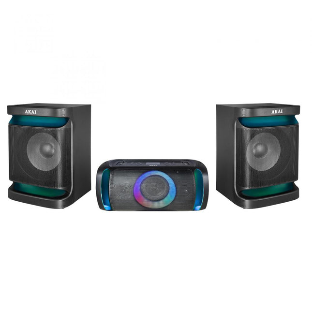Sistem audio Akai Dual Speaker MX5, versiune BT 5.3, tip baterie Li-ion 2400mAh, voltaj baterie 12V, putere RMS 200W, format audio suportat MP3/WMA, timp de incarcare 2 ore, autonomie baterie 2-3 ore, frecventa raspuns 30HZ-20KHz, impendanta 4 ohm, ratie S/N 78dB, include un micrifon fara fir, negru