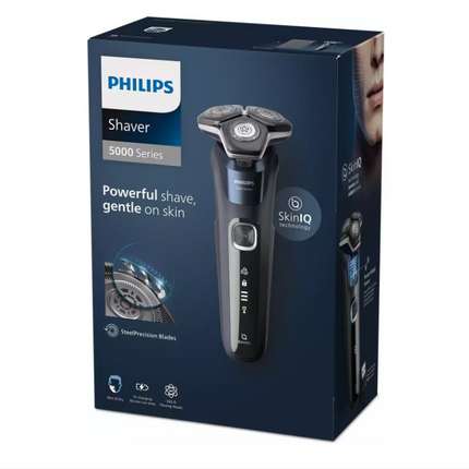 Aparat de barbierit PHILIPS Shaver Seria 5000 S5585/10, barbierit umed/uscat, tehnologie SkinIQ, fara fir, capete flexibile 360Â°, display LED, senzor Power Adapt, lame auto-ascutire, lama integrata, 60 min, Midnight Blue