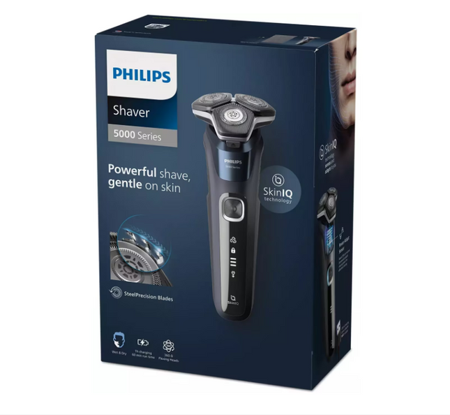 Aparat de barbierit PHILIPS Shaver Seria 5000 S5585/10, barbierit umed/uscat, tehnologie SkinIQ, fara fir, capete flexibile 360Â°, display LED, senzor Power Adapt, lame auto-ascutire, lama integrata, 60 min, Midnight Blue