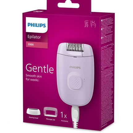 Epilator cu fir PHILIPS Seria 2000 BRE237/00, 1 viteza, 2 accesorii, Retea, Lila, L x A x I (mm) 110x40x145