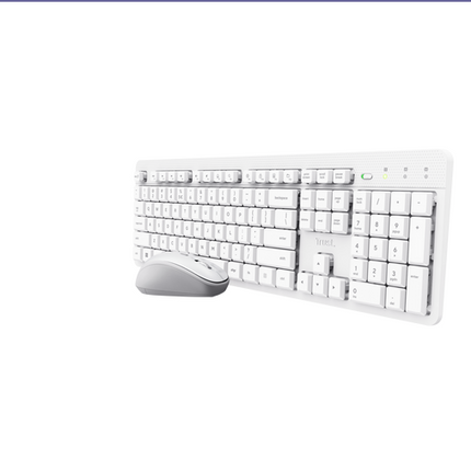 Kit Trust Ody II wireless, cu taste silentioase, cu functie de power saving, rezistenta la stropire, conectare tip USB-A 2.0, include 2 baterii, compatibila PC/Laptop (Windows, MacOS, Chrome OS), rezolutie mouse 1600 DPI, optic, alb