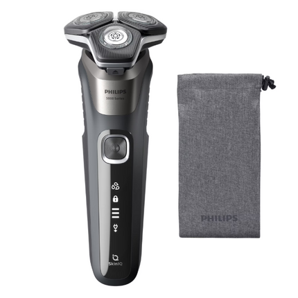 Aparat de barbierit PHILIPS Shaver Seria 5000 S5887/10, barbierit umed/uscat, tehnologie SkinIQ, fara fir, capete flexibile 360Â°, display LED, senzor Power Adapt, lame auto-ascutire, lama de tuns integrata, 60 min, husa, Gri carbon
