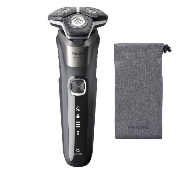 Aparat de barbierit PHILIPS Shaver Seria 5000 S5887/10, barbierit umed/uscat, tehnologie SkinIQ, fara fir, capete flexibile 360Â°, display LED, senzor Power Adapt, lame auto-ascutire, lama de tuns integrata, 60 min, husa, Gri carbon