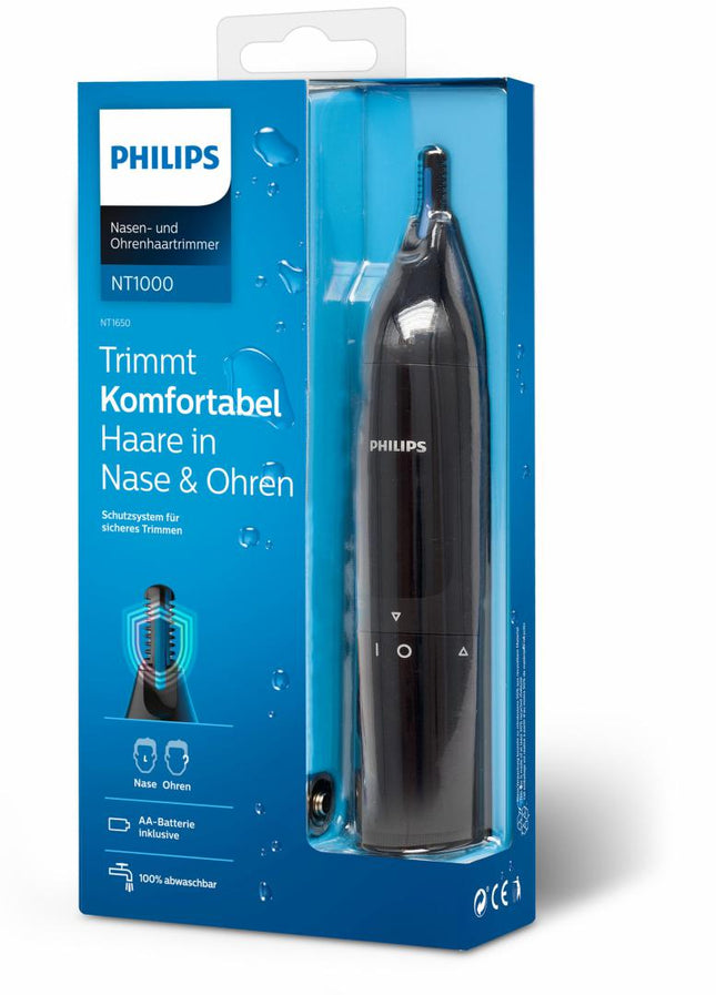 Aparat de tuns pentru nas È™i urechi PHILIPS NT1650/16, 100% waterproof, Sistem de protectie dual, Inchidere prin rotatie, Baterie tip AA inclusa,, L x A x I (mm) 39x83x190