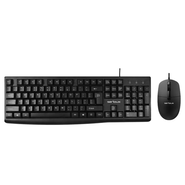 Kit Serioux cu fir, Tastatura: interfata USB, 104 taste, material ABS, US layout, lungime cablu 1.5m PVC, dimensiuni 440*159*25mm, negru, Mouse: interfata USB, 4 butoane, polling rate 125 Hz, rezolutie DPI 1000, lungime cablu 1.5m PVC, dimensiuni 109*61*37mm, negru