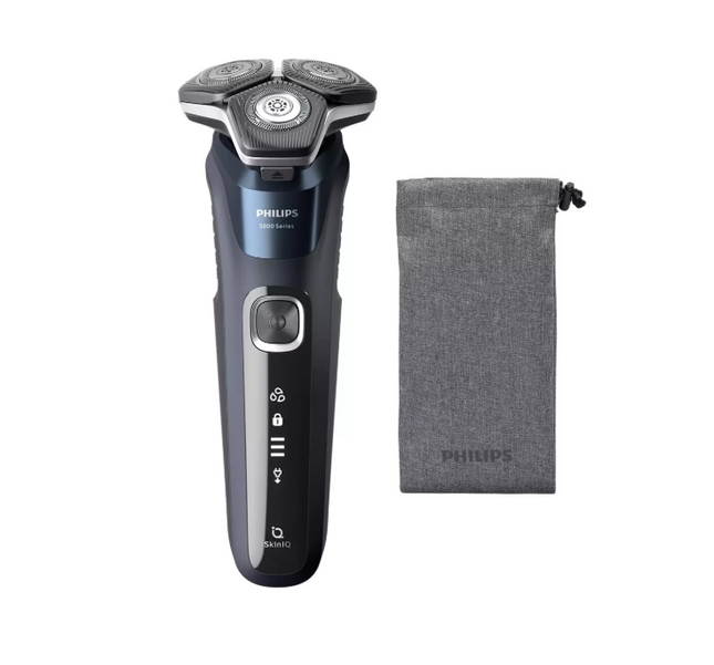 Aparat de barbierit PHILIPS Shaver Seria 5000 S5585/10, barbierit umed/uscat, tehnologie SkinIQ, fara fir, capete flexibile 360Â°, display LED, senzor Power Adapt, lame auto-ascutire, lama integrata, 60 min, Midnight Blue