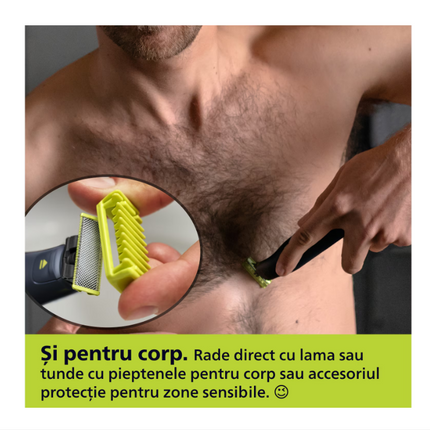 Aparat de ras (0,2mm) si tuns (0,4-10mm) PHILIPS OneBlade Pro QP6542/15, Fata&corp, pieptene cu 14 setari de lungime (0,4-10 mm), 2 accesorii pentru utilizare pe corp, 2 lame 360, 90 min (Li-ion), cablu de alimentare USB-A, fara adaptor pentru priza