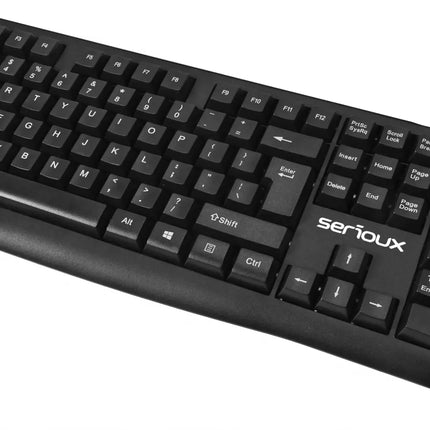 Kit Serioux cu fir, Tastatura: interfata USB, 104 taste, material ABS, US layout, lungime cablu 1.5m PVC, dimensiuni 440*159*25mm, negru, Mouse: interfata USB, 4 butoane, polling rate 125 Hz, rezolutie DPI 1000, lungime cablu 1.5m PVC, dimensiuni 109*61*37mm, negru