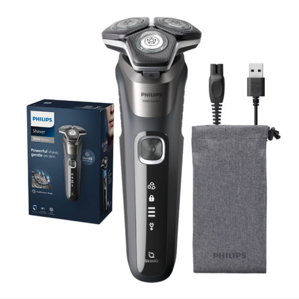 Aparat de barbierit PHILIPS Shaver Seria 5000 S5887/10, barbierit umed/uscat, tehnologie SkinIQ, fara fir, capete flexibile 360Â°, display LED, senzor Power Adapt, lame auto-ascutire, lama de tuns integrata, 60 min, husa, Gri carbon