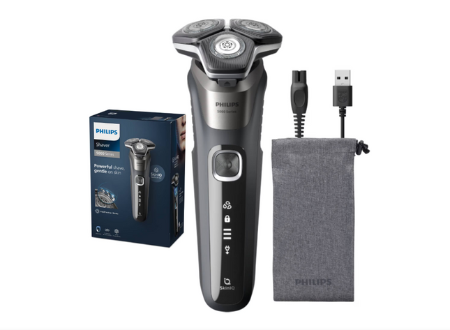 Aparat de barbierit PHILIPS Shaver Seria 5000 S5887/10, barbierit umed/uscat, tehnologie SkinIQ, fara fir, capete flexibile 360Â°, display LED, senzor Power Adapt, lame auto-ascutire, lama de tuns integrata, 60 min, husa, Gri carbon