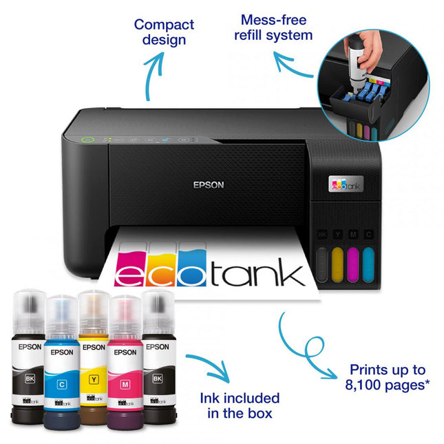 Multifunctional inkjet color Epson EcoTank CISS L3270, dimensiune A4 (Printare,Copiere, Scanare), printare borderless, viteza 33ppm alb- negru, 15ppm color, rezolutie 5760x1440 dpi, alimentare hartie 100 coli, scanner CIS rezolutie 1.200 x 2.400 DPI, interfata: USB ,WI-FI, WI-FI Direct consumabile