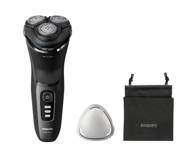Aparat de ras PHILIPS Shaver Seria 3000 S3244/12, barbierit umed ÅŸi uscat, fara fir, capete 5D pivotante si flexibile, lame autoascutire, 60 min, sistem de barbierire anticoroziune, capac de protectie, Negru