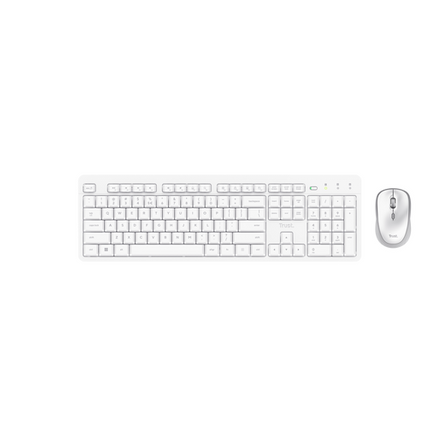 Kit Trust Ody II wireless, cu taste silentioase, cu functie de power saving, rezistenta la stropire, conectare tip USB-A 2.0, include 2 baterii, compatibila PC/Laptop (Windows, MacOS, Chrome OS), rezolutie mouse 1600 DPI, optic, alb