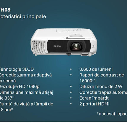 PROJECTOR EPSON EB-FH08, Tehnologie 3LCD, Luminozitate; 3600 Lumeni, Rezolutie: FullHD 1080p, Aspect 16:9, Sursa lumina: Lampa, Durata de viata lampa: 6.000h, 12.000h eco mode, Contrast: 16.000:1, Refresh rate: 192 Hz - 240 Hz, Interfata; USB 2.0 Type B (Service Only), HDMI in (2x), Jack plug out