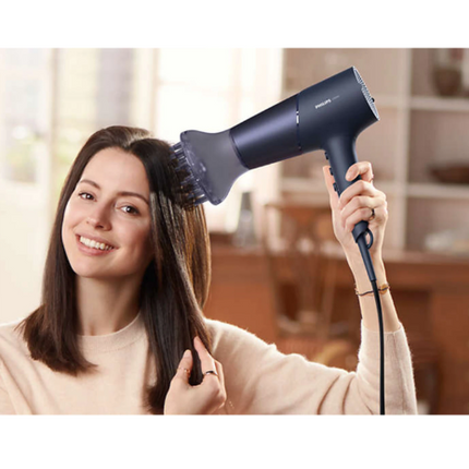 Uscator de par Philips BHD510/00, 2300W, tehnologie ThermoShield, ingrijire cu ioni, 2 setari de viteza, 3 setari de temperatura, difuzor, cap de coafare 11 mm, Albastru inchis metalizat