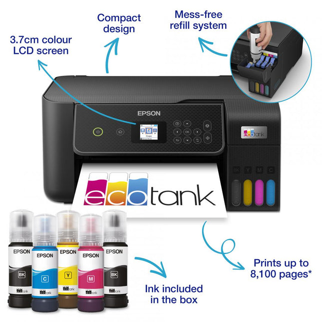 Multifunctional inkjet color Epson EcoTank CISS L3280, dimensiune A4 (Printare,Copiere, Scanare), printare borderless, viteza 33ppm alb- negru, 15ppm color, rezolutie 5760x1440 dpi, alimentare hartie 100 coli, scanner CIS rezolutie 1.200 x 2.400 DPI, interfata: USB ,WI-FI, Wi-Fi Direct, display 3,7