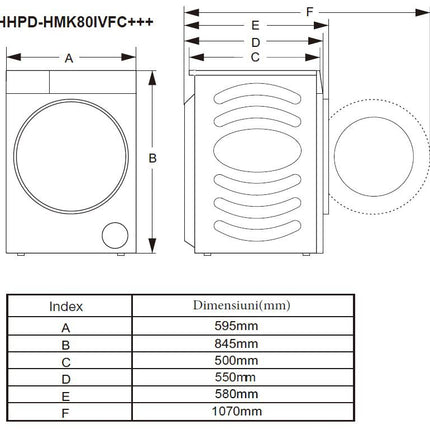 Uscator de rufe HEINNER HHPD-HMK80IVFC+++, 8 kg, Inverter, Clasa: C, Alb