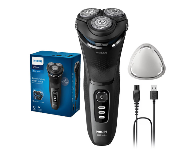 Aparat de ras PHILIPS Shaver Seria 3000 S3244/12, barbierit umed ÅŸi uscat, fara fir, capete 5D pivotante si flexibile, lame autoascutire, 60 min, sistem de barbierire anticoroziune, capac de protectie, Negru