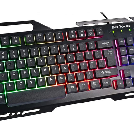 Kit Gaming Serioux Tobis 3 in 1, Tastatura de gaming, 104 taste, 7 taste Anti-ghosting, design slim, iluminare rainbow, structura metalica + taste negre, suport telefon, cablu USB 1.5M PVC, plug and play; Mouse gaming, senzor Sunplus 192, 1000-6400 DPI, switch HUANO, pana la 20 milioane de