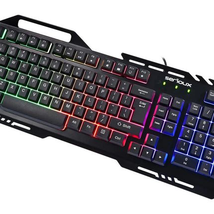 Kit Gaming Serioux Tobis 3 in 1, Tastatura de gaming, 104 taste, 7 taste Anti-ghosting, design slim, iluminare rainbow, structura metalica + taste negre, suport telefon, cablu USB 1.5M PVC, plug and play; Mouse gaming, senzor Sunplus 192, 1000-6400 DPI, switch HUANO, pana la 20 milioane de