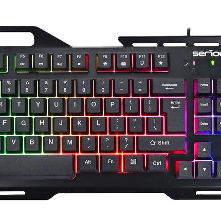 Kit Gaming Serioux Tobis 3 in 1, Tastatura de gaming, 104 taste, 7 taste Anti-ghosting, design slim, iluminare rainbow, structura metalica + taste negre, suport telefon, cablu USB 1.5M PVC, plug and play; Mouse gaming, senzor Sunplus 192, 1000-6400 DPI, switch HUANO, pana la 20 milioane de