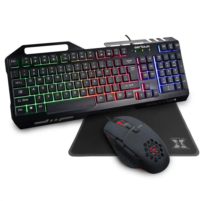 Kit Gaming Serioux Tobis 3 in 1, Tastatura de gaming, 104 taste, 7 taste Anti-ghosting, design slim, iluminare rainbow, structura metalica + taste negre, suport telefon, cablu USB 1.5M PVC, plug and play; Mouse gaming, senzor Sunplus 192, 1000-6400 DPI, switch HUANO, pana la 20 milioane de