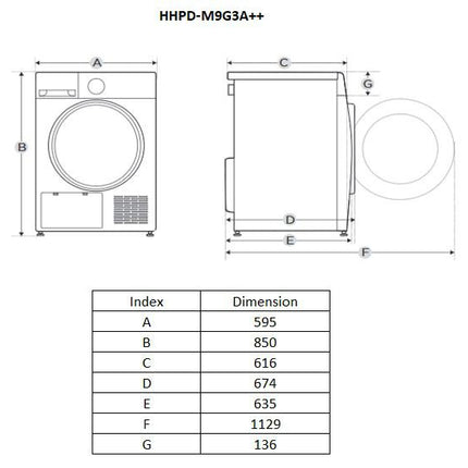 Uscator de rufe HEINNER HHPD-M9G3A++, 9 kg, Inverter, Clasa: D, Alb