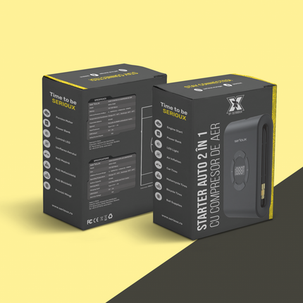 Starter auto cu compresor de aer Serioux, interval de presiune reglabil 3~150PSI/0,2~9,9BAR/20~990KPA, temperatura de functionare incÄƒrcare: 0Â° C~45Â°C, DescÄƒrcare: -20Â°C~60Â°C, temeperatura de depozitare 10 Â°C~50 Â°C, lungimea tubului de umflare 115 mm (inclusiv duza de umflare), capacitate acumulator