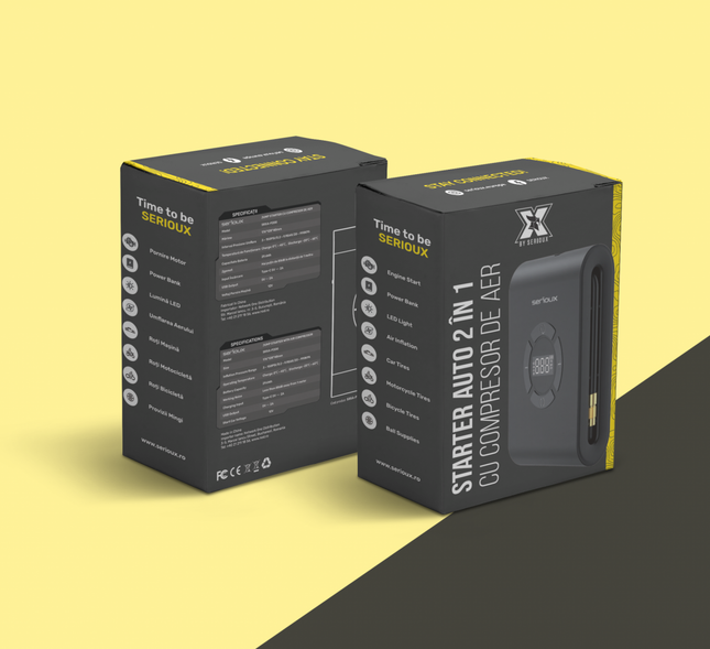 Starter auto cu compresor de aer Serioux, interval de presiune reglabil 3~150PSI/0,2~9,9BAR/20~990KPA, temperatura de functionare incÄƒrcare: 0Â° C~45Â°C, DescÄƒrcare: -20Â°C~60Â°C, temeperatura de depozitare 10 Â°C~50 Â°C, lungimea tubului de umflare 115 mm (inclusiv duza de umflare), capacitate acumulator